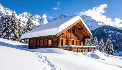 Cozy wooden cabin in snowy mountains with winter landscape.