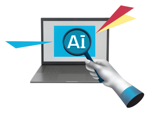 Person looks through magnifying glass at the word AI on laptop screen. Modern photo collage style. Illustration on transparent background