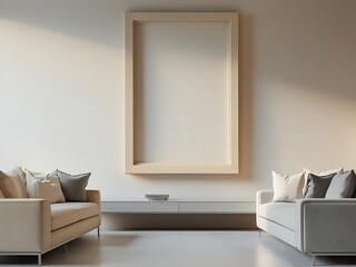 Modern living room with minimalist furniture and large empty frame