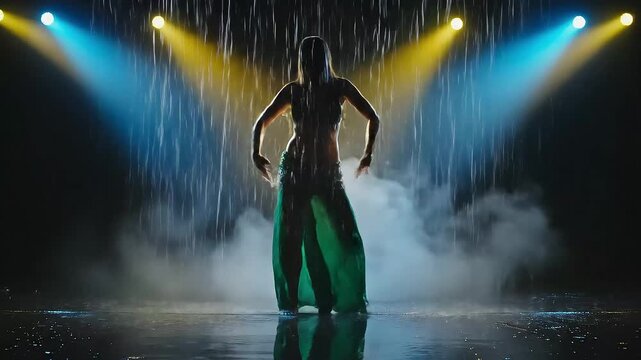 Dynamic belly dancer performing in the rain with vibrant stage lighting, a captivating sensual dance in a smoky atmosphere