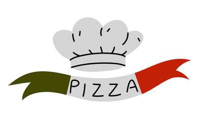 Ribbon with the colors of the Italian flag, the word PIZZA, and chef's hat. fluttering ribbon in the wind. Green, white, red. flat color illustration with doodle lines. Marketing for Italian pizzerias