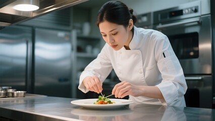 Chef meticulously plating a dish in a professional kitchen