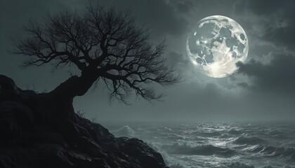 Fototapeta premium Gnarled tree silhouette against full moon over stormy ocean. Monochromatic night landscape evokes gothic, mysterious, fantasy mood. Dramatic light and shadow play on waves and branches.