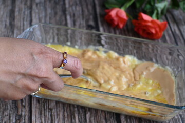 making of banana peanut butter cake