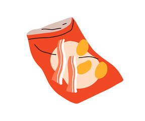 Crisps, potato chips package. Open pack, wrinkled bag with salty fast food, unhealthy snack with bacon taste. Creased plastic packet, trash. Flat vector illustration isolated on white background