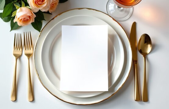 Elegant place setting with peach roses, blank card, gold cutlery, and white porcelain plates. A wine glass sits nearby, suggesting a sophisticated dinner party or wedding reception.