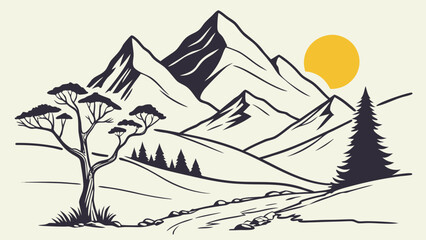 Illustration of a mountain landscape with a tree, a path, and a sun in the sky in a minimalist style