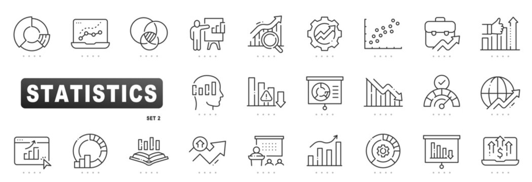 Statistics and analytics icons: data charts, graphs, dashboards, KPIs, forecasts, reports, presentations, metrics, performance, business growth, editable vector outline stroke