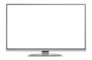 Contemporary flat screen computer monitor with blank white display and silver stand isolated on transparent background