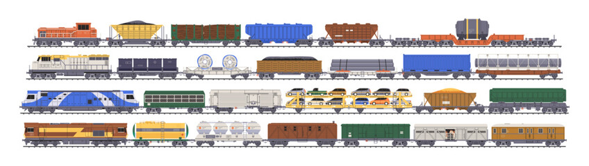 Cargo and freight train wagons set. Railway carriage, rail transport. Diesel locomotive, tanker, platform and hopper car, cistern for shipment. Flat vector illustrations isolated on white background © Good Studio