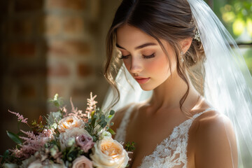 Naklejka premium Bride holding bouquet.
