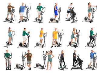 Set of people training on exercising bike against white background