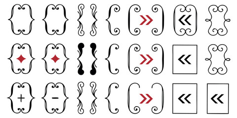 Ornamental design elements with decorative brackets, arrows, and symbols for elegant graphic layouts