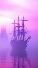 Vintage frigate sailing amidst ethereal mists under vibrant purple-pink skies
