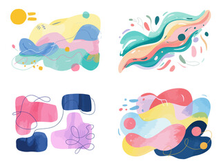 Abstract Art Composition with Vibrant Watercolor Textures and Playful Shapes Featuring Whimsical Design Elements and Modern Artistic Expression