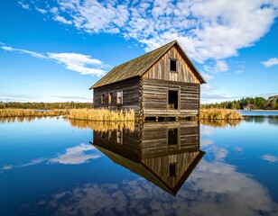 Obraz premium Rustic wooden cabin reflection