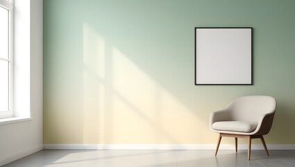 Minimalist living room interior with  armchairs, and a large blank frame on a plain white wall