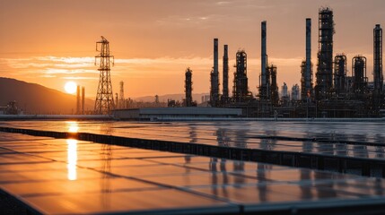Naklejka premium Industrial refinery at sunset with steel structures against a dramatic orange sky.