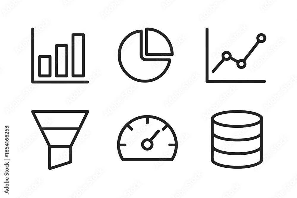 Poster business analytics and data visualization icons: charts, graphs, funnel, speedometer, database symbo