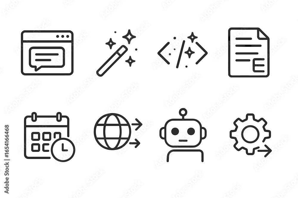 Poster modern technology and business icons for communication, coding, scheduling, automation, and data pro