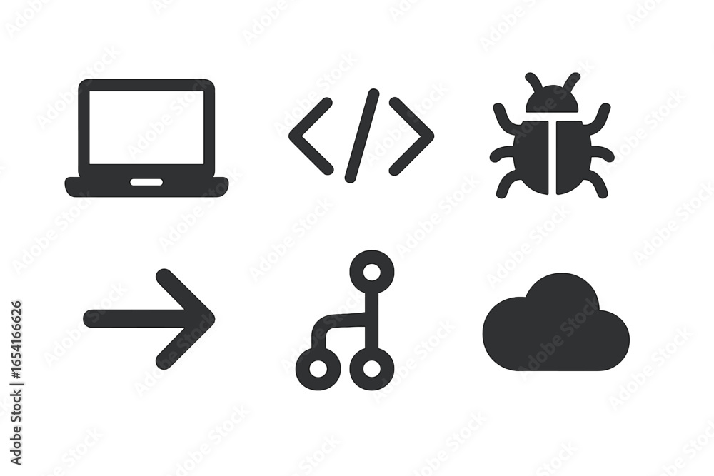 Poster technology and programming icons: laptop, code, bug, arrow, branch, cloud on dark background
