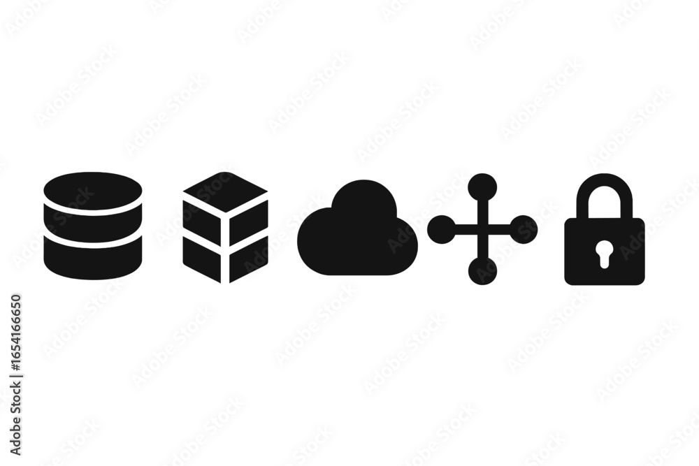 Poster modern technology icons for data storage, cloud computing, network connectivity, and security on a d