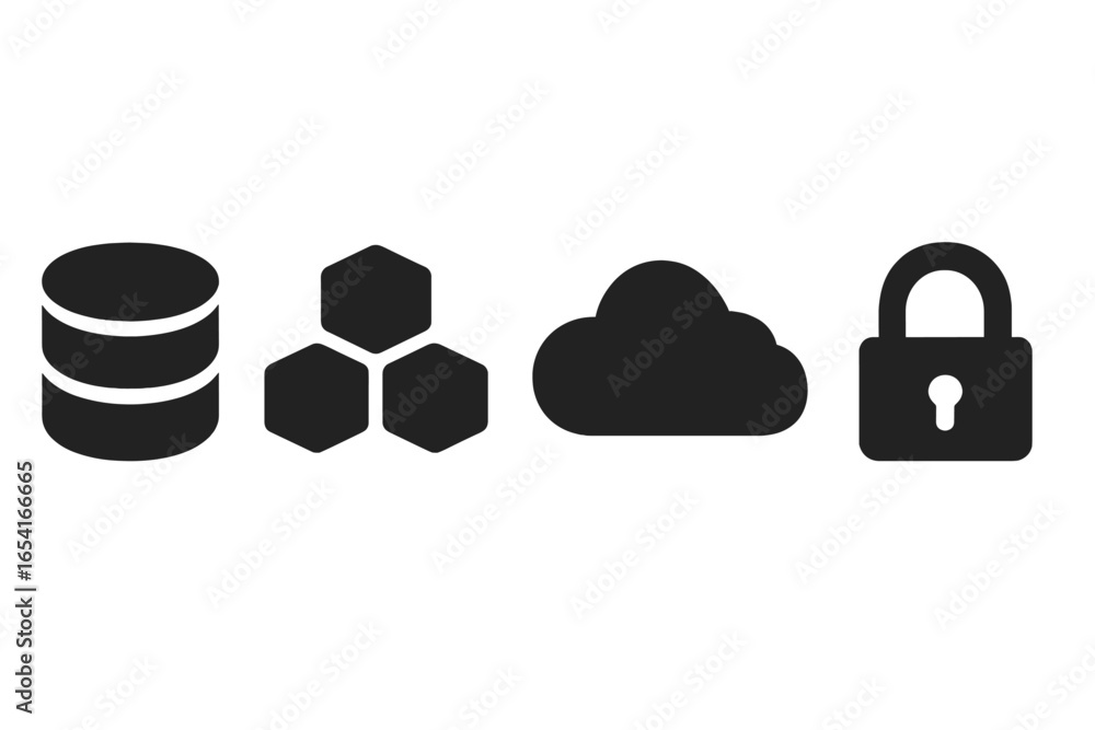 Poster modern digital icons for data storage, cloud computing, and security against a dark background