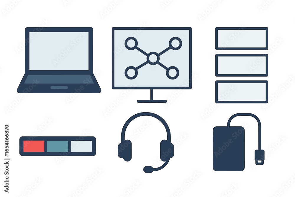 Poster modern technology icons for digital devices and network connections on a dark, textured background w