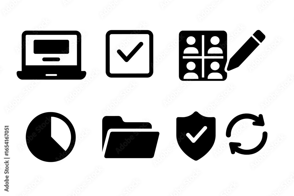 Poster modern flat icons for digital tools and concepts like teamwork, security, and time management for we