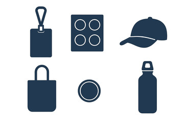 Minimalist blue collection of everyday objects and accessories like lanyard badge, shopping bag, cap, and water bottle