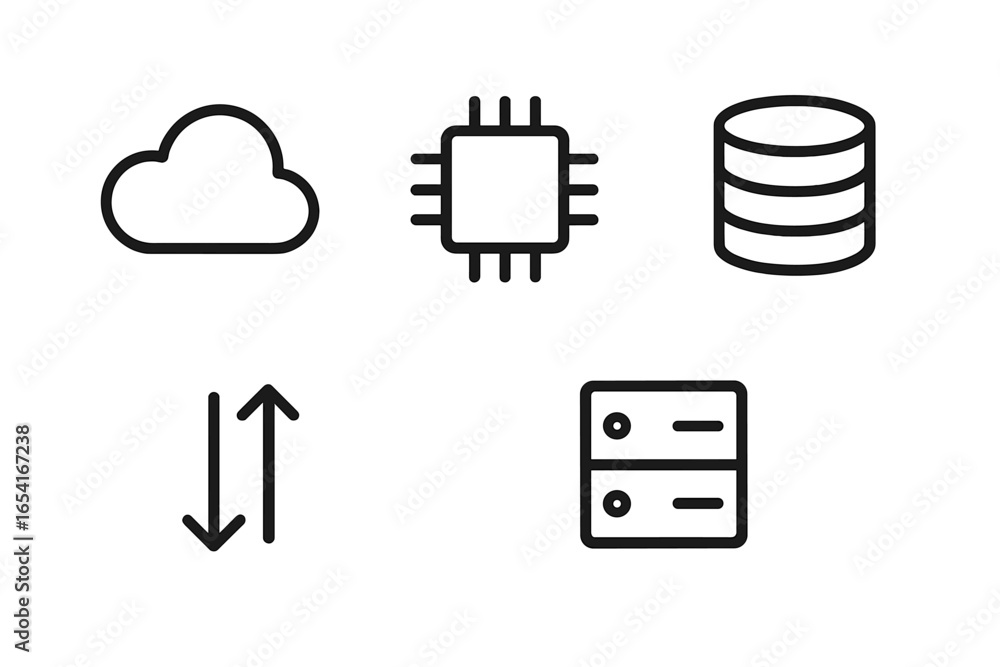 Poster modern technology icons for cloud computing, data storage, processing, and network transfer on a dar