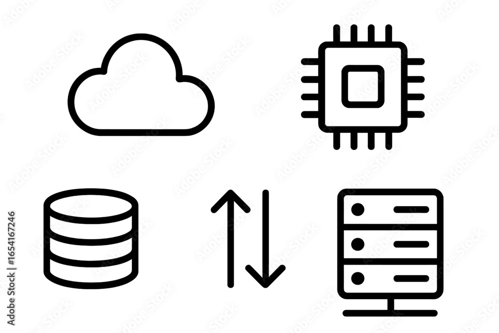 Aufkleber cloud computing icons for data storage, processing, and network transfer in digital infrastructure a