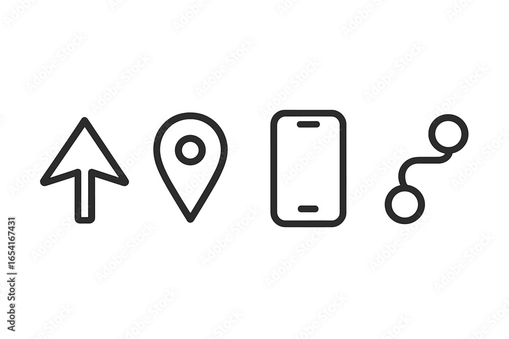 Poster minimalist navigation and communication icons: arrow, map pin, smartphone, and route path on dark ba