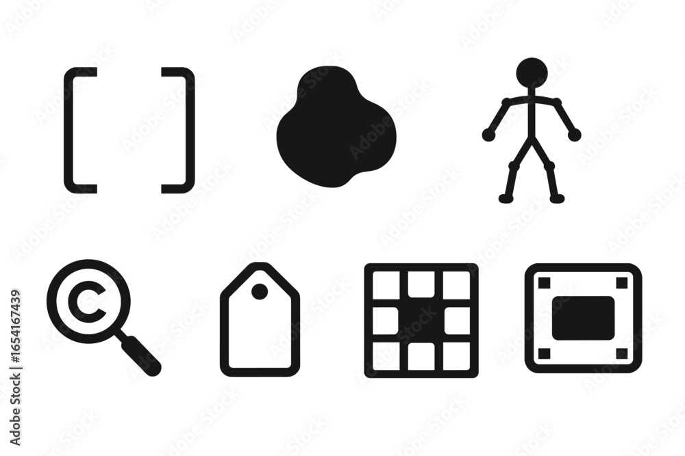 Poster diverse dark icons and symbols on black background for digital interfaces and concepts