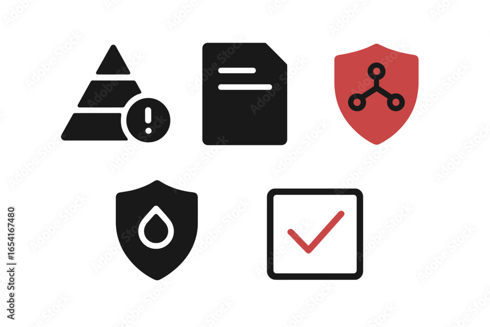 Poster four dark ui icons for security, data, alerts, and task completion with red glowing accents on a dar