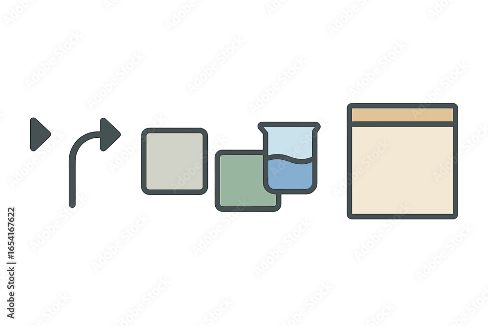 Poster abstract process flow with data, analysis, and output icons on dark background, symbolizing progress