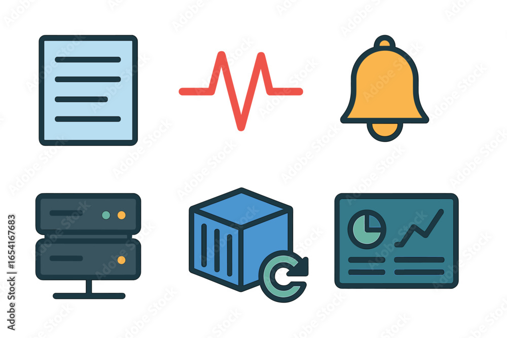 Poster digital interface icons for data, alerts, and system operations on a dark, glowing background