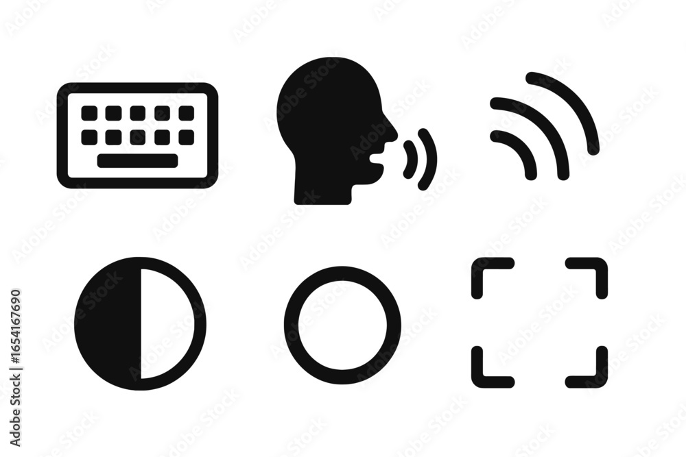 Poster six minimalist dark digital interface icons for user actions and settings, on a textured background