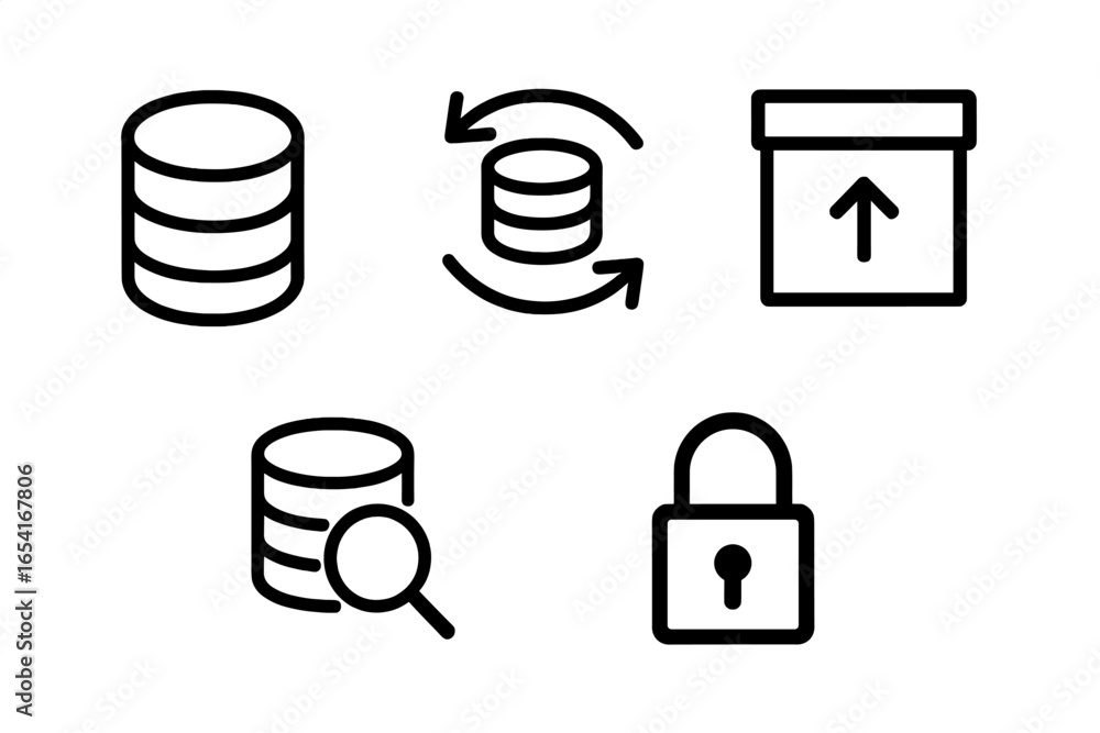 Aufkleber five simple black line icons for data management, security, and storage concepts on a dark gradient 