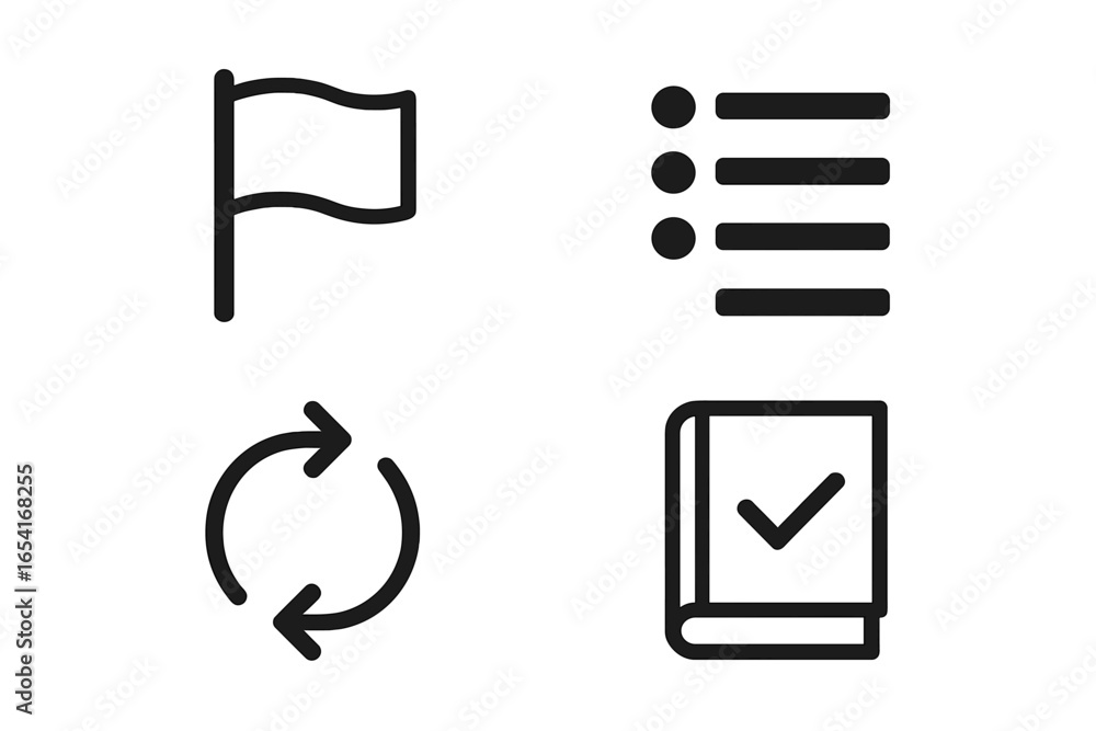 Aufkleber four simple outline icons for tasks, progress, and organization on a gradient background