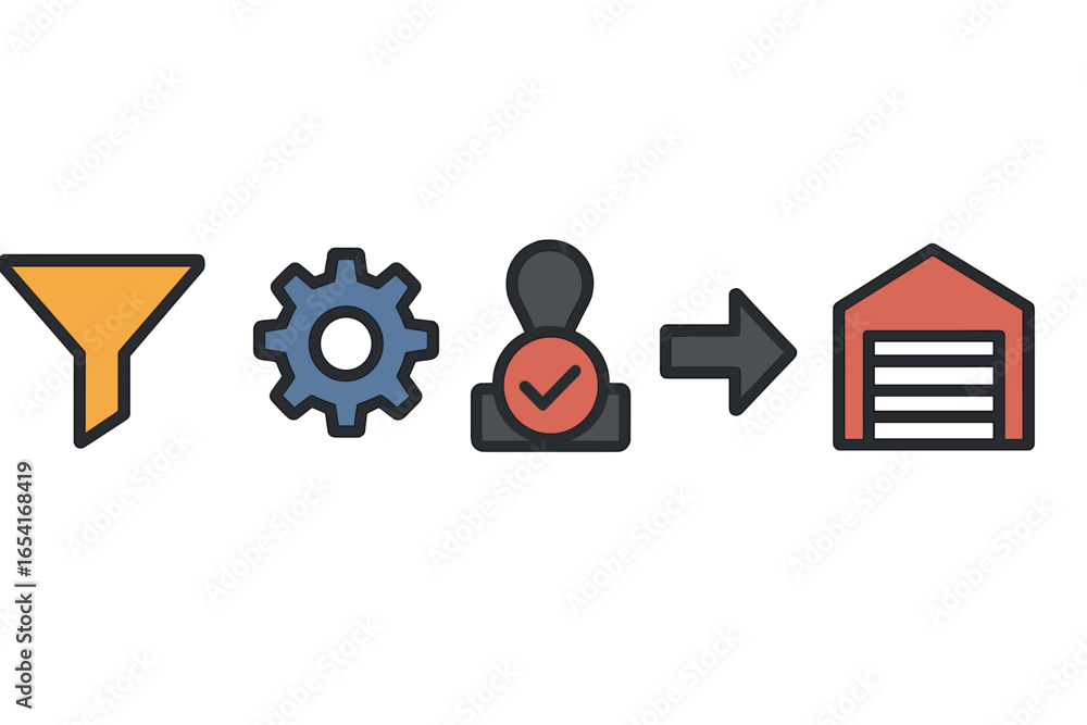 Poster Process flow diagram with icons for filtering, processing, approval, and storage on dark background