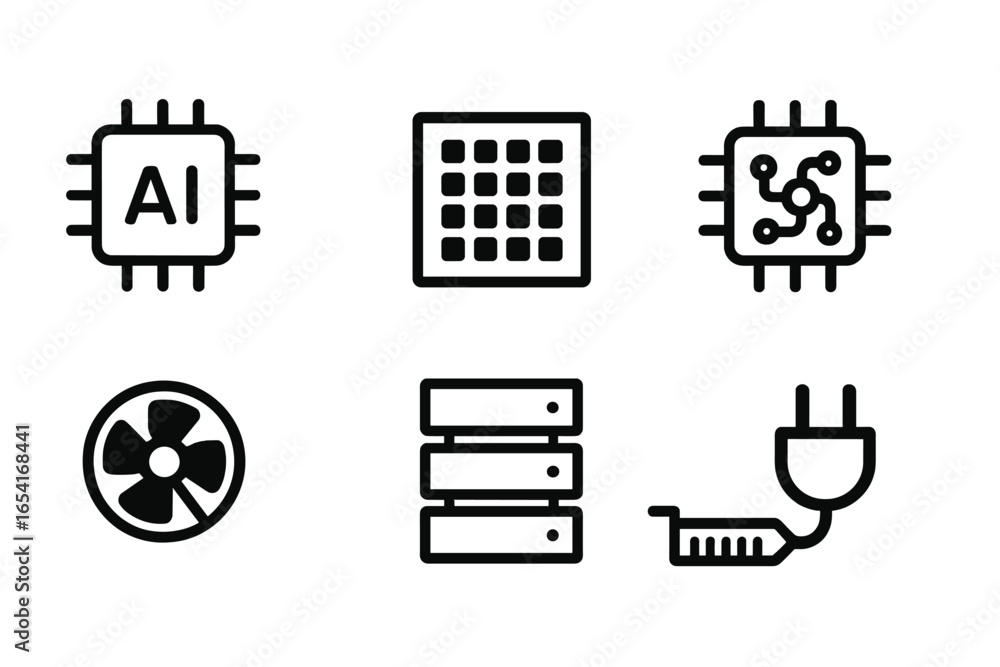 Poster Stylized icons for AI, computer hardware, and electrical components on dark background, representing technology and data processing