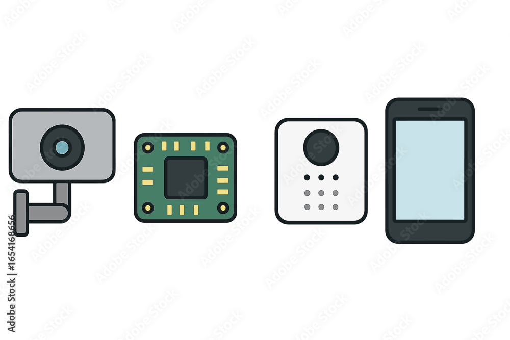 Poster modern electronic devices and components like security camera, computer chip, smart home device, and