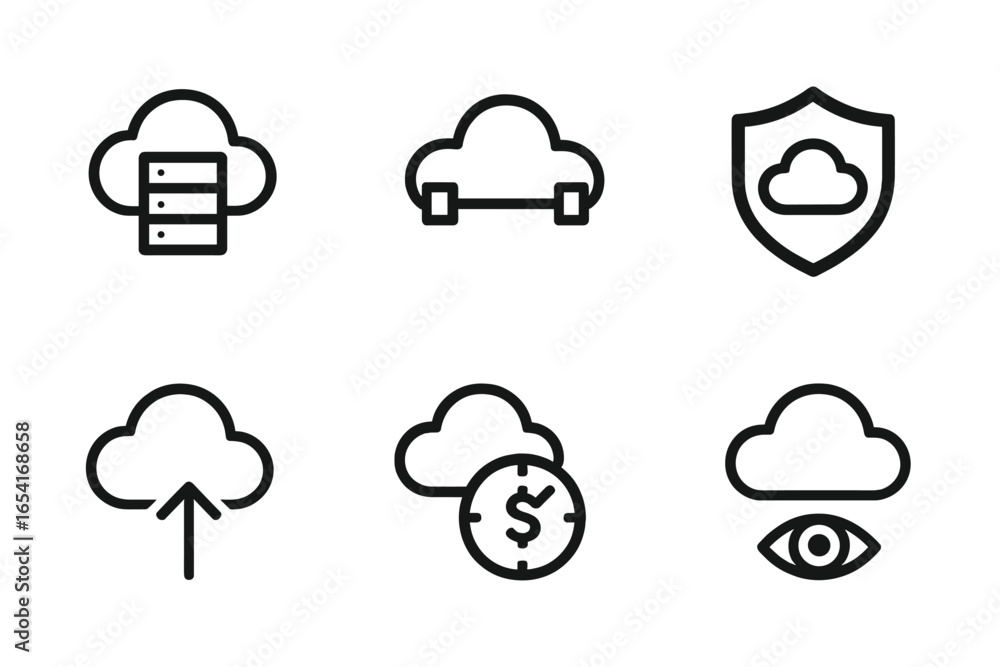 Poster cloud computing icons for data storage, network, security, uploads, finance, and monitoring on dark 