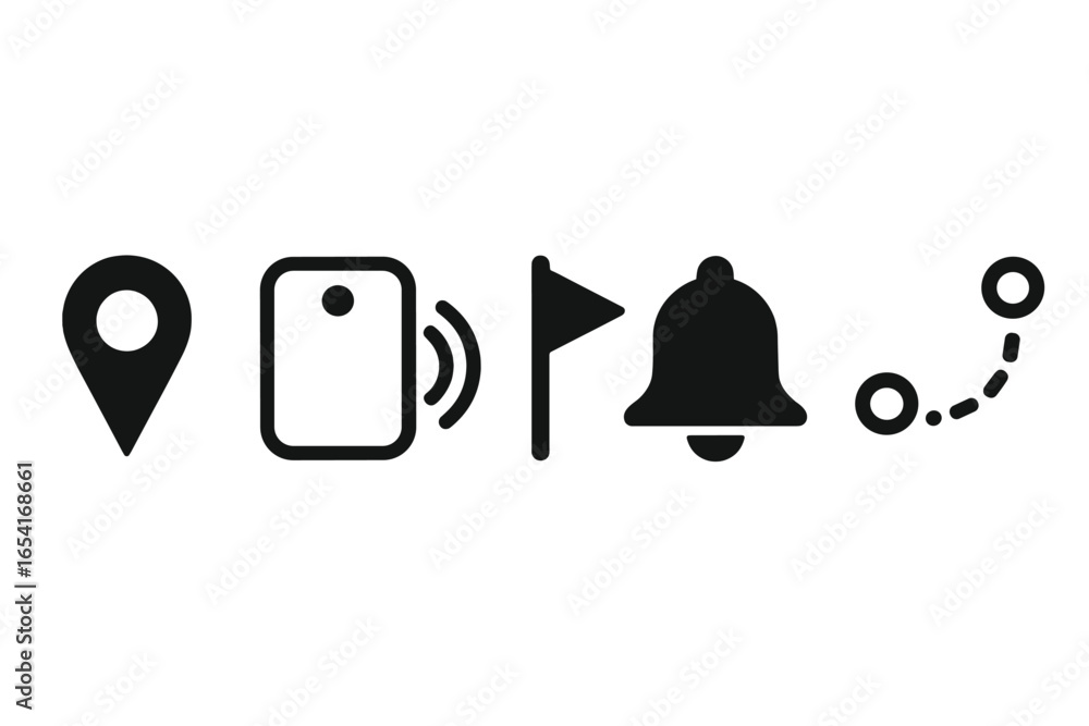 Poster navigation and notification icons set: map pin, smartphone, flag, bell, route path on dark backgroun