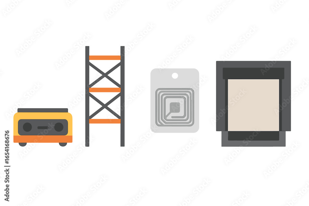 Poster abstract technology and infrastructure elements: device, ladder, and data storage on gradient backgr