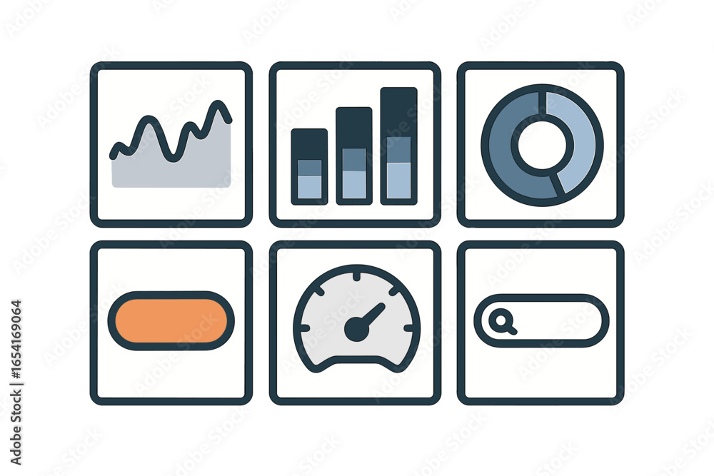 Poster six flat design icons for data analysis, performance metrics, and search functions in digital interf