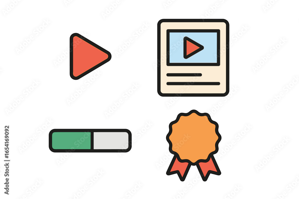 Poster four modern flat design icons for media playback, progress, and achievement with subtle 3d effects o