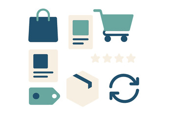 E-commerce icons set: shopping bag, cart, product, rating stars, tag, package, refresh symbol on glowing background