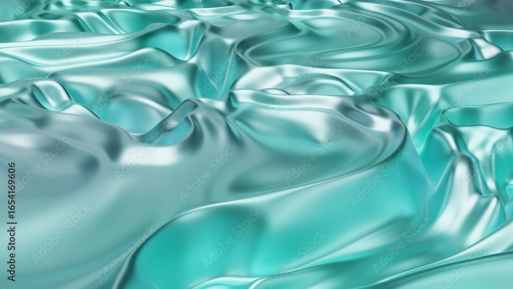 Poster an abstract digital illustration featuring a wavy, fluid surface that resembles a smooth metallic te
